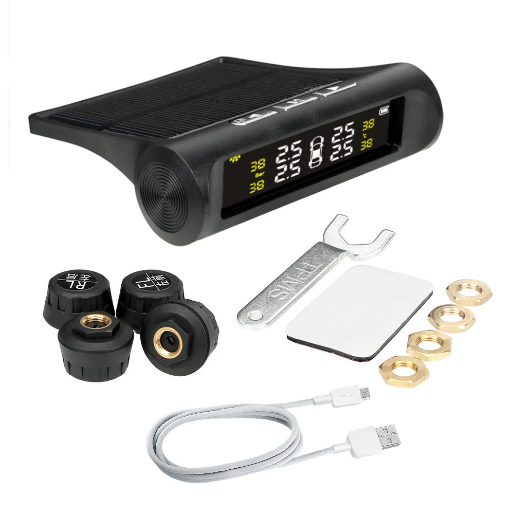 Solar-Powered Digital LCD Tyre Pressure Monitoring System with External Sensors and Auto Security Alarm