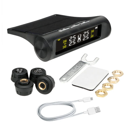 Solar-Powered Digital LCD Tyre Pressure Monitoring System with External Sensors and Auto Security Alarm